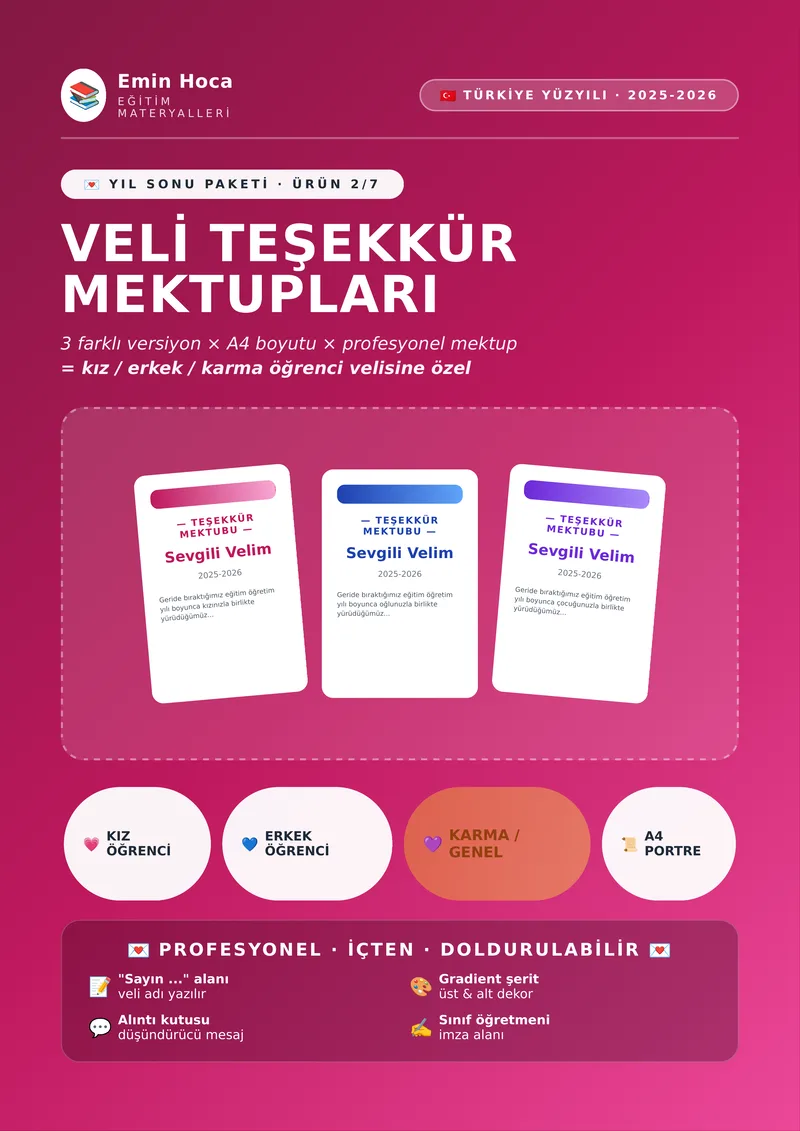 Yıl Sonu Veli Teşekkür Mektubu — 3 Versiyon (Kız / Erkek / Karma) önizleme