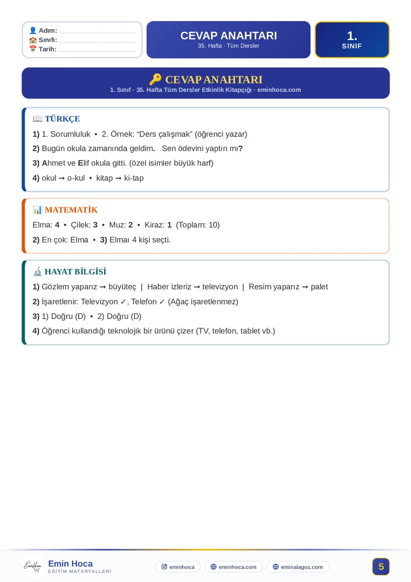 1. Sınıf 35. Hafta Tüm Dersler Etkinlik Kitapçığı PDF (Maarif Modeli) — Türkçe + Matematik + Hayat Bilgisi — CEVAP ANAHTARI önizleme