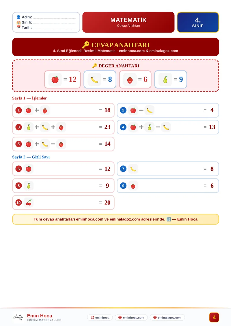 4. Sınıf Resimli Matematik Etkinliği | Dört İşlem Bölme Görselli Problemler PDF  — CEVAP ANAHTARI İndir önizleme