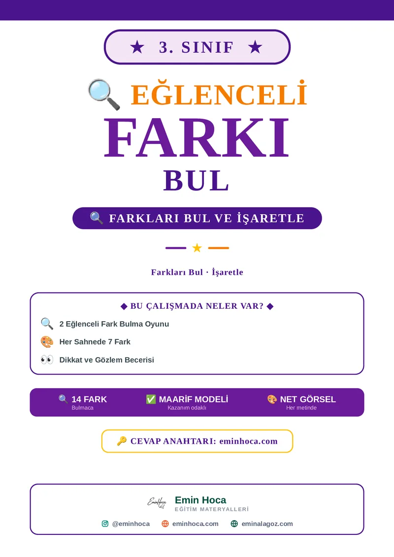 3. Sınıf Farkı Bul Etkinliği | İki Resim Arasındaki Farkları Bul PDF İndir önizleme