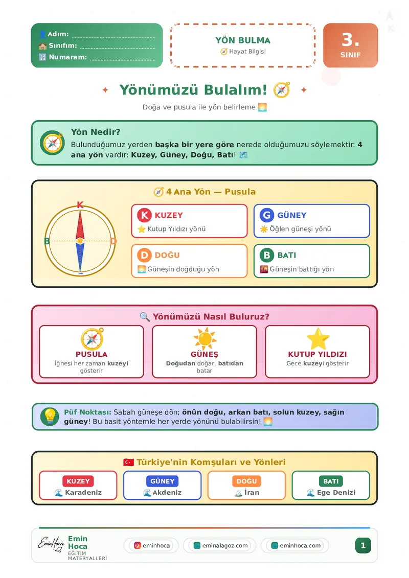 3. SINIF HAYAT BİLGİSİ YÖN BULMA ETKİNLİKLERİ VE ÇALIŞMA YAPRAĞI PDF İNDİR önizleme