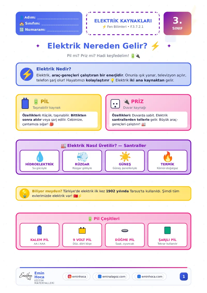 3.SINIF FEN BİLİMLERİ ELEKTRİK KAYNAKLARI KONU ANLATIMI VE ETKİNLİK PDF İNDİR önizleme