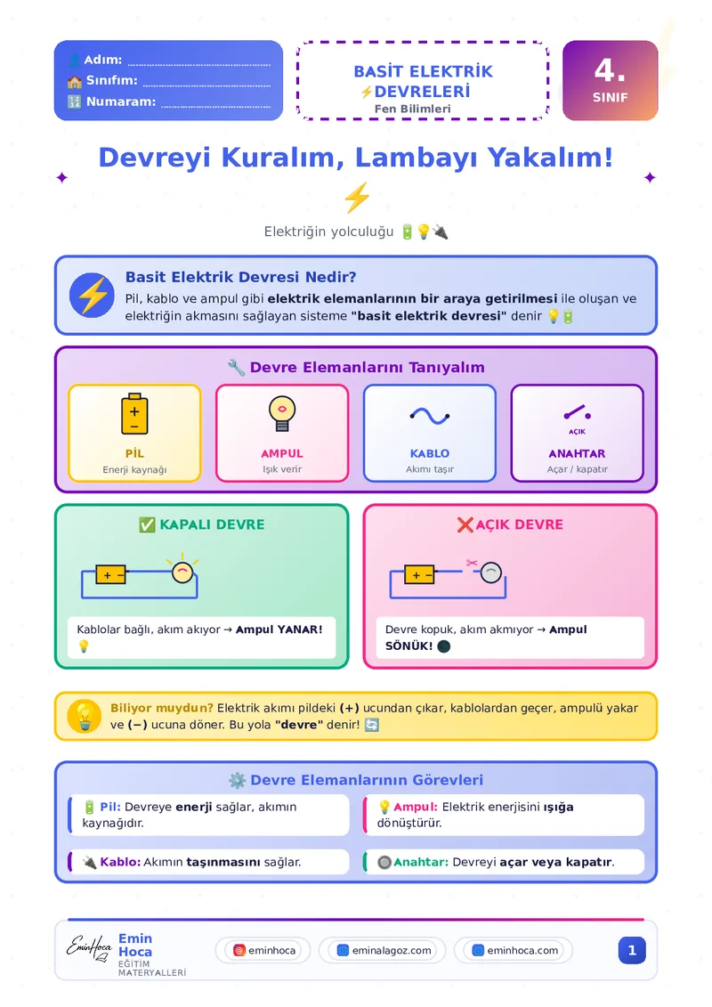 4. SINIF FEN BİLİMLERİ BASİT ELEKTRİK DEVRELERİ KONU ANLATIMI VE ÇALIŞMA YAPRAĞI PDF İNDİR önizleme