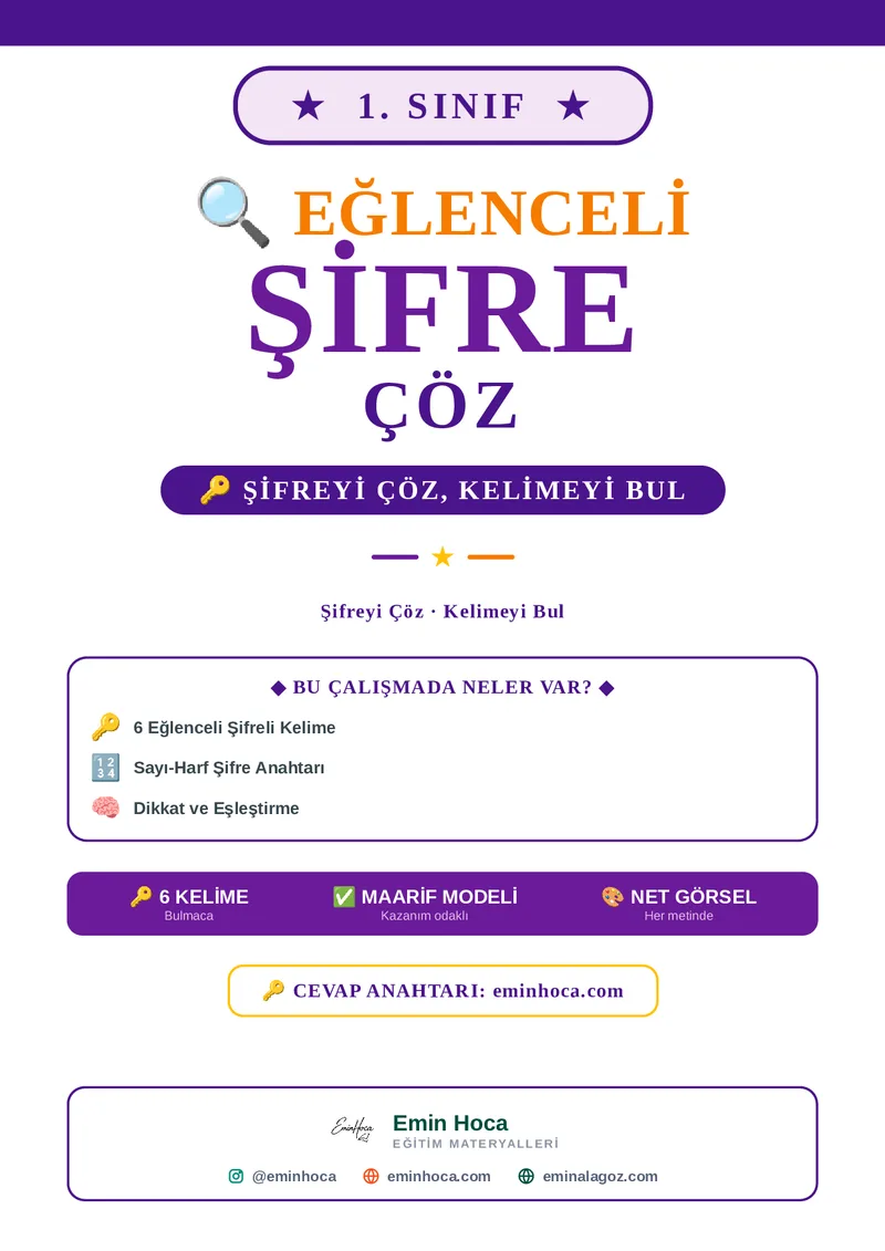1. Sınıf Şifre Çöz Etkinliği | Sayı-Harf Şifreli Kelimeler PDF İndir önizleme