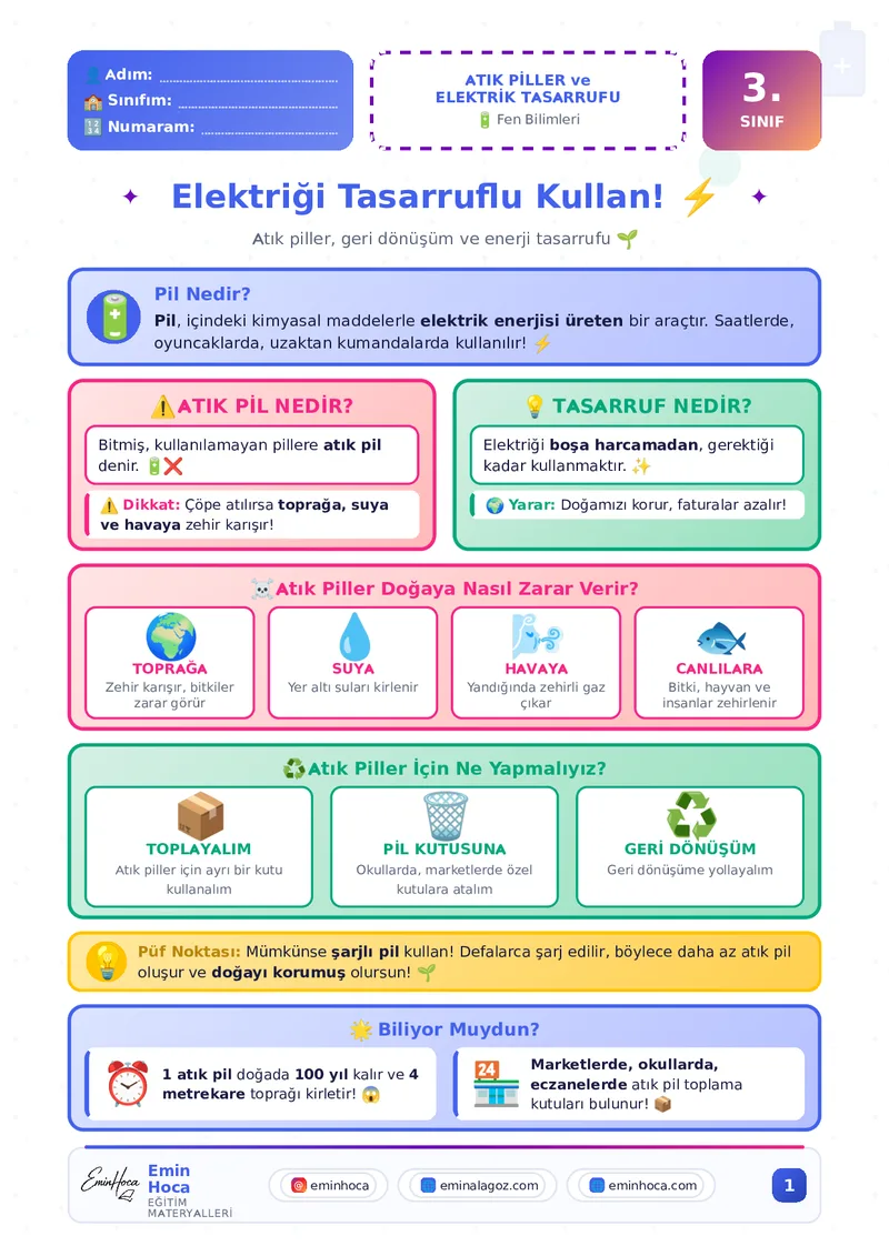 3. SINIF FEN BİLİMLERİ ATIK PİLLER VE ELEKTRİK TASARRUFU KONU ANLATIMI VE ÇALIŞMA YAPRAĞI PDF İNDİR önizleme