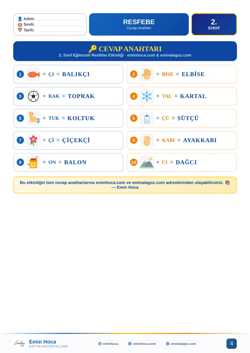 2. Sınıf Resfebe Etkinliği | Resimli Kelime Bulmacaları PDF (Maarif Modeli) — CEVAP ANAHTARI önizleme