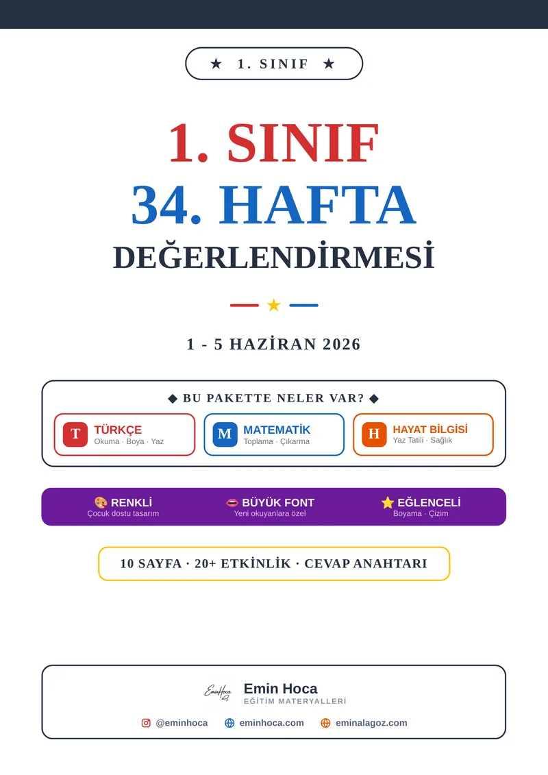 1. Sınıf 34. Hafta Değerlendirmesi PDF İndir | Türkçe Matematik Hayat Bilgisi önizleme