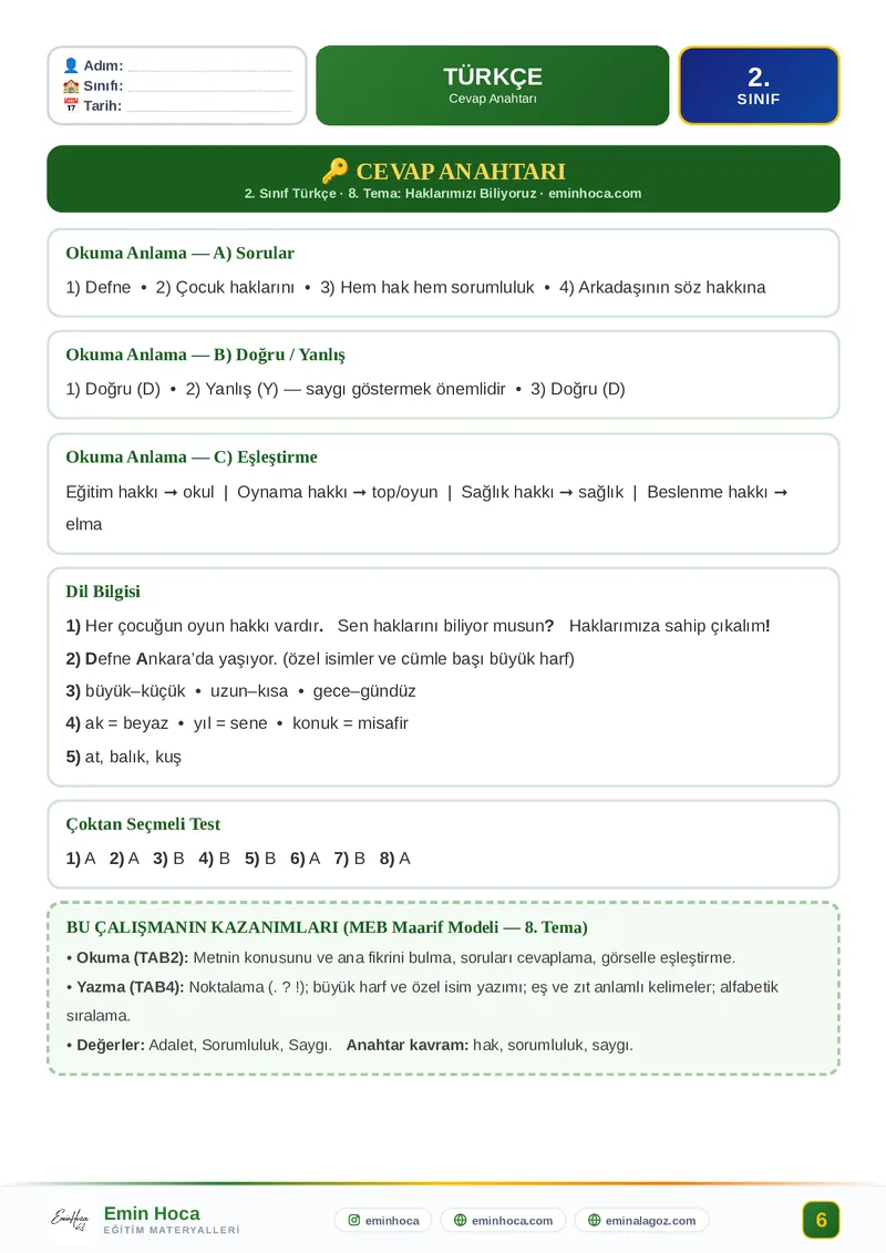 2. Sınıf Türkçe 8. Tema Haklarımızı Biliyoruz Etkinlik + Test PDF (Maarif Modeli) — Okuma Anlama & Dil Bilgisi — CEVAP ANAHTARI PDF İndir önizleme