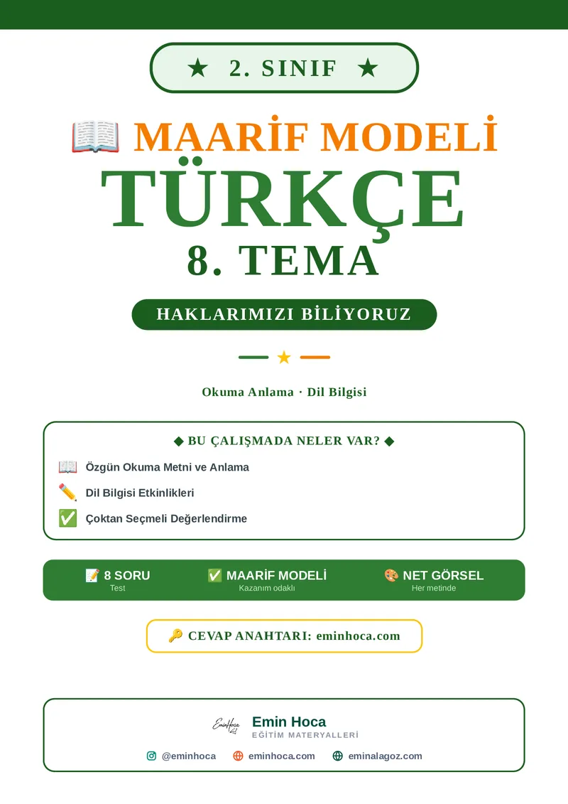 2. Sınıf Türkçe 8. Tema Haklarımızı Biliyoruz Etkinlik + Test PDF (Maarif Modeli) — Okuma Anlama & Dil Bilgisi —PDF İndir önizleme