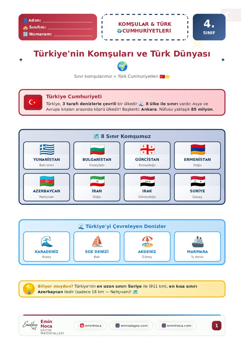 4. SINIF SOSYAL BİLGİLER KOMŞULARIMIZ VE TÜRK CUMHURİYETLERİ KONU ANLATIMI VE ÇALIŞMA KAĞIDI PDF İNDİR önizleme