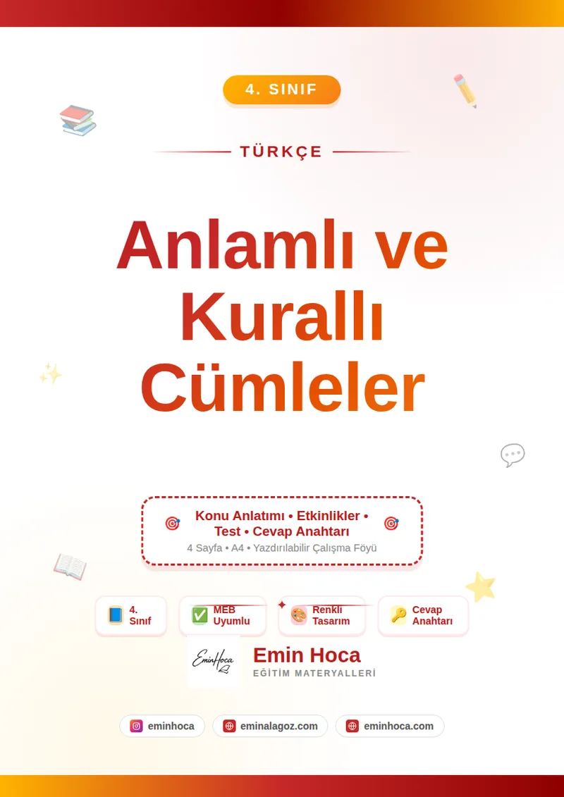 4. Sınıf Türkçe Anlamlı Kurallı Devrik Cümleler PDF | Test önizleme
