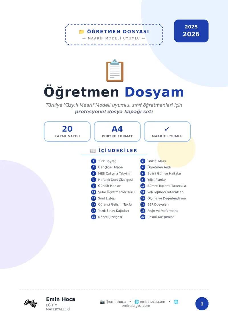 Öğretmen Dosyası Kapakları — 20 Bölüm + Ana Kapak · Maarif Modeli Uyumlu önizleme