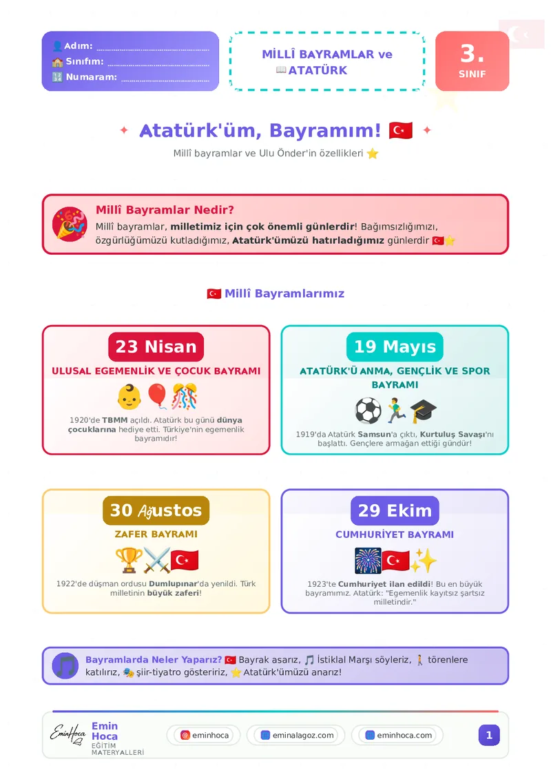 3.SINIF TÜRKÇE MİLLİ BAYRAMLARIMIZ VE ATATÜRK ETKİNLİKLERİ PDF İNDİR önizleme