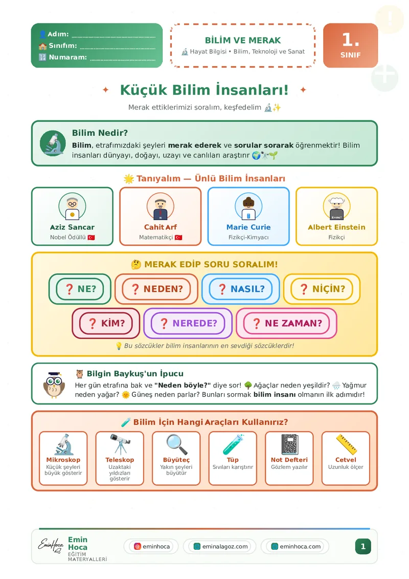 1.SINIF HAYAT BİLGİSİ BİLİM VE MERAK KONU ANLATIMI VE ÇALIŞMA YAPRAĞI PDF İNDİR önizleme