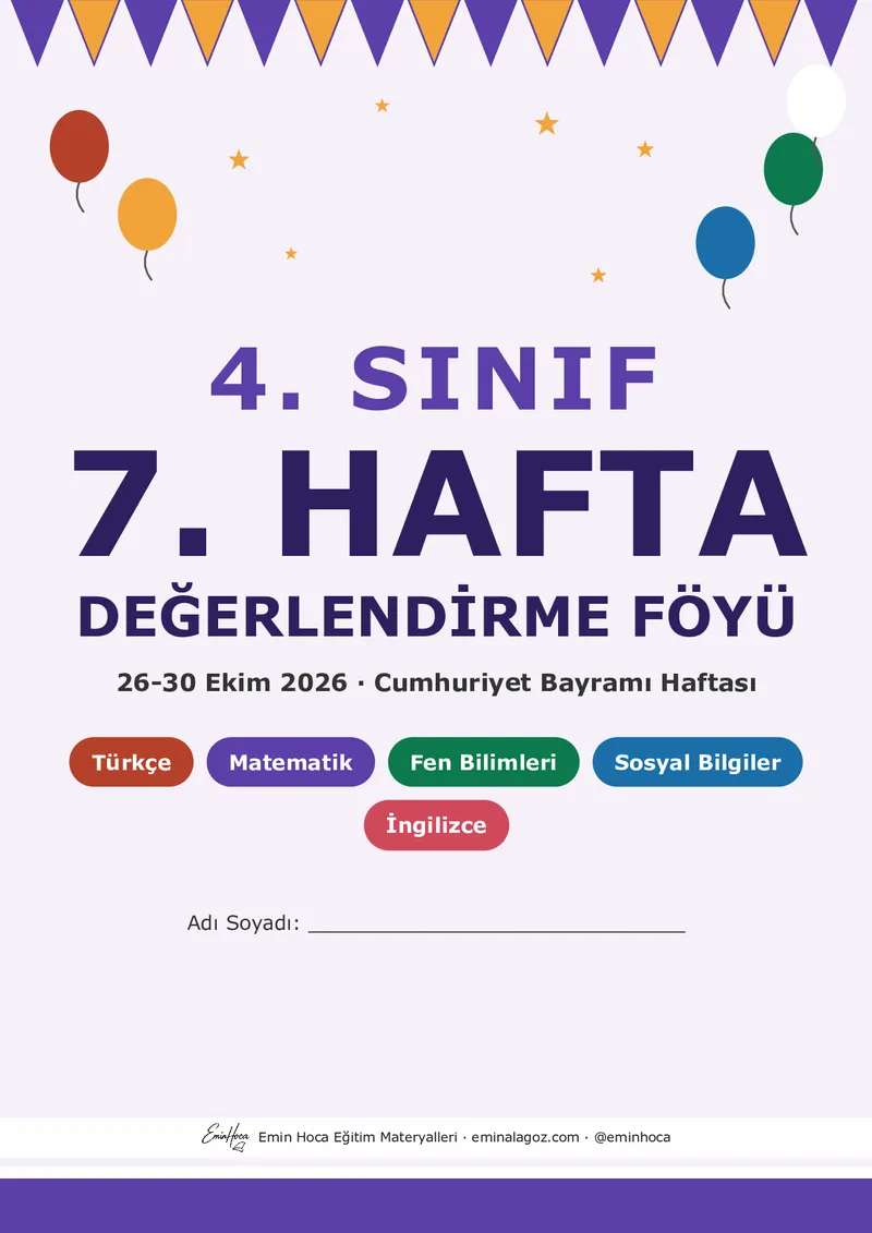 4. Sınıf 7. Hafta Tüm Dersler Yeni Nesil Test PDF — Türkçe + Matematik + Fen Bilimleri + Sosyal Bilgiler + İngilizce Çoktan Seçmeli İndir önizleme