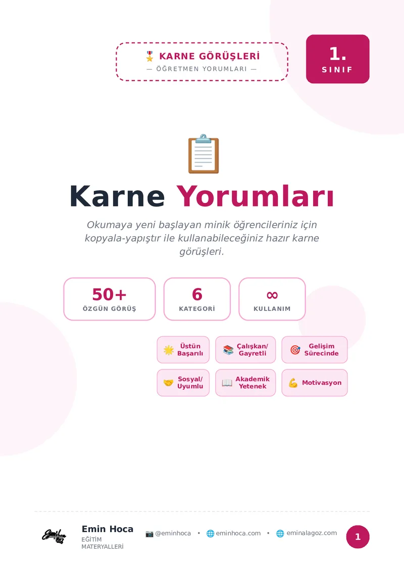 1. Sınıf Karne Görüşleri — 50+ Özgün Öğretmen Yorumu · Karne Notları önizleme