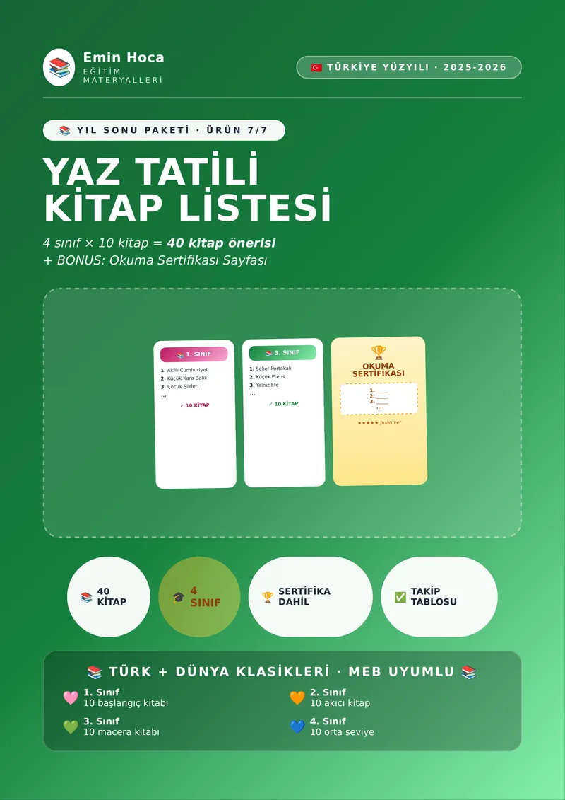Yaz Tatili Kitap Okuma Listesi — 4 Sınıf İçin (40 Kitap) + Okuma Sertifikası önizleme