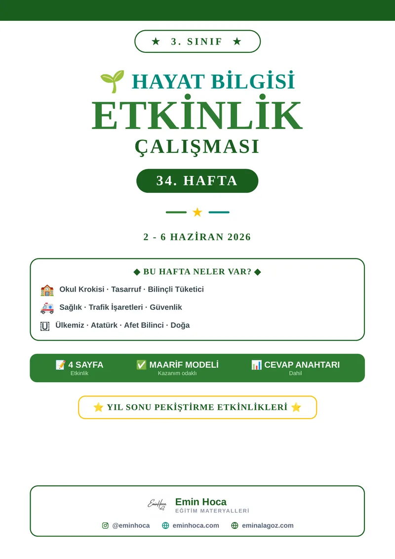 3. Sınıf Hayat Bilgisi 34. Hafta Etkinlikleri | Yıl Sonu Pekiştirme PDF (Maarif Modeli, Cevap Anahtarlı) önizleme