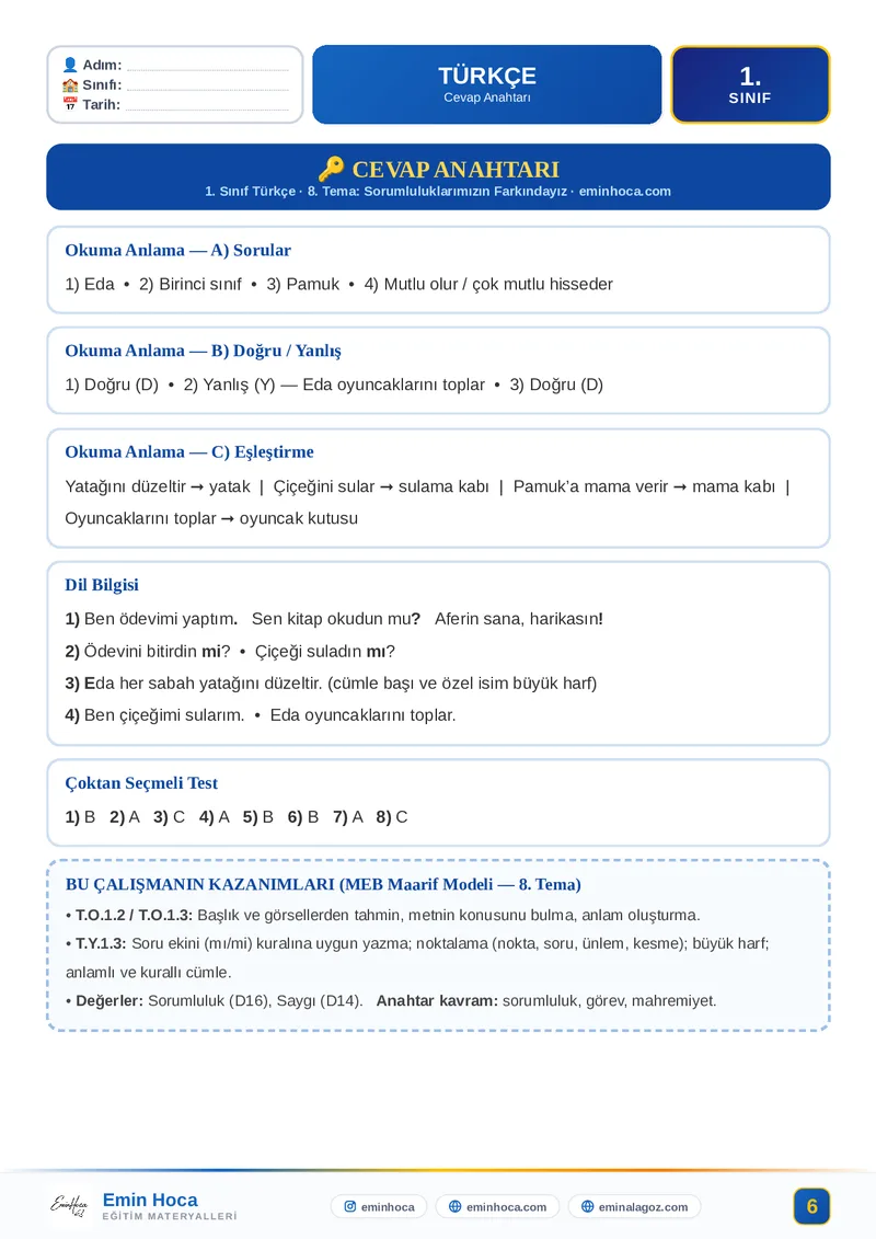 1. Sınıf Türkçe 8. Tema Etkinliği | Okuma Anlama + Dil Bilgisi + Test (Maarif Modeli) — CEVAP ANAHTARI İndir önizleme