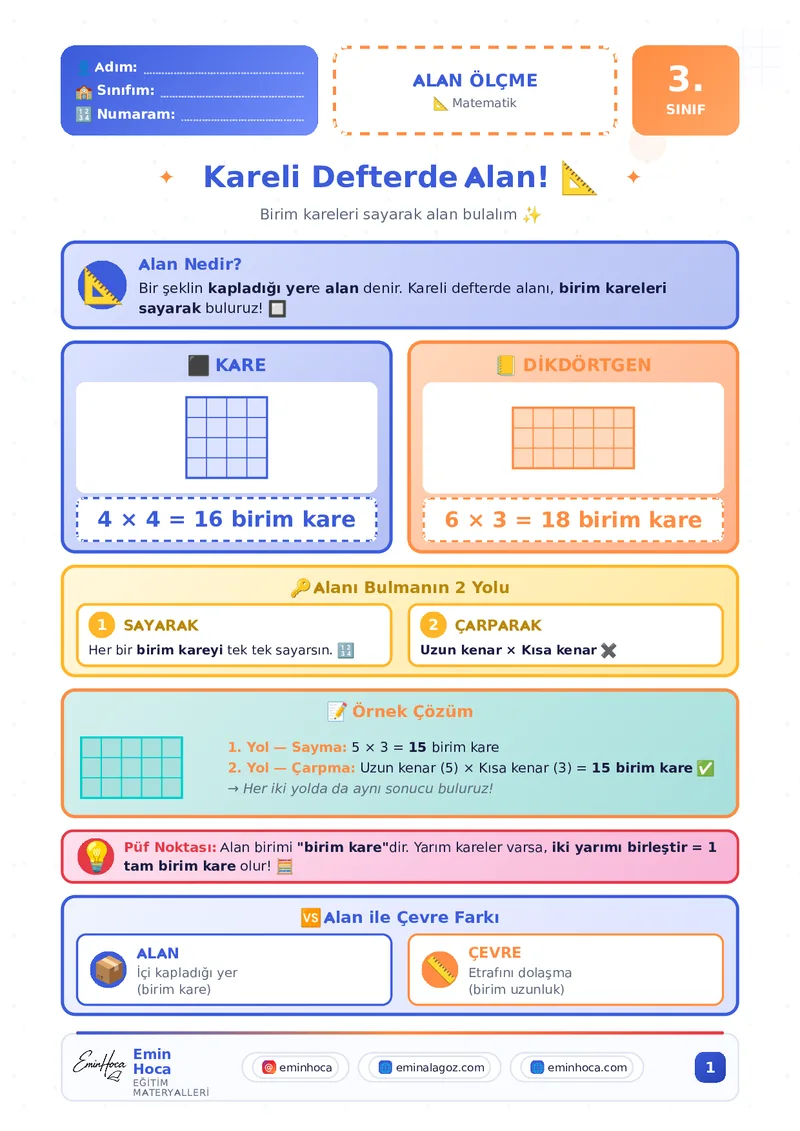 3. SINIF MATEMATİK ALAN ÖLÇME KONU ANLATIMI VE ÇALIŞMA YAPRAĞI PDF İNDİR önizleme