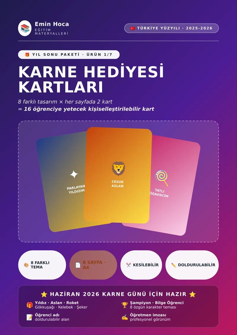 Karne Hediyesi Kartları — 8 Farklı Tasarım (Sayfada 2 Kart, Kesilebilir) önizleme