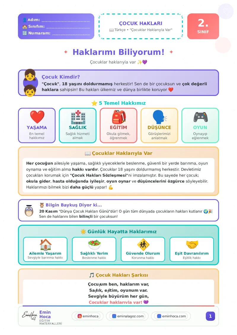 2.SINIF ÇOCUKLAR HAKLARIYLA VAR KONU ANLATIMI VE ÇALIŞMA YAPRAĞI ETKİNLİKLERİ PDF İNDİR önizleme