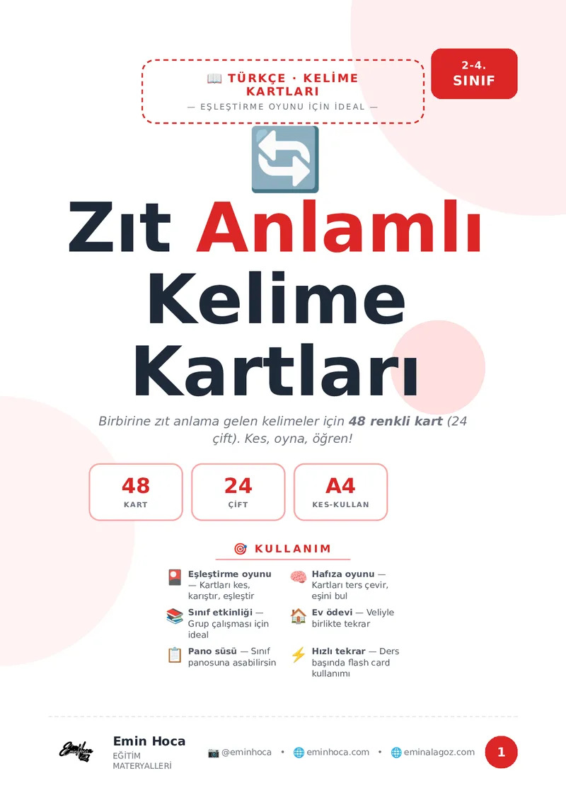 Zıt Anlamlı Kelime Kartları — 48 Kart · 24 Çift · Kes-Kullan 🔄 önizleme
