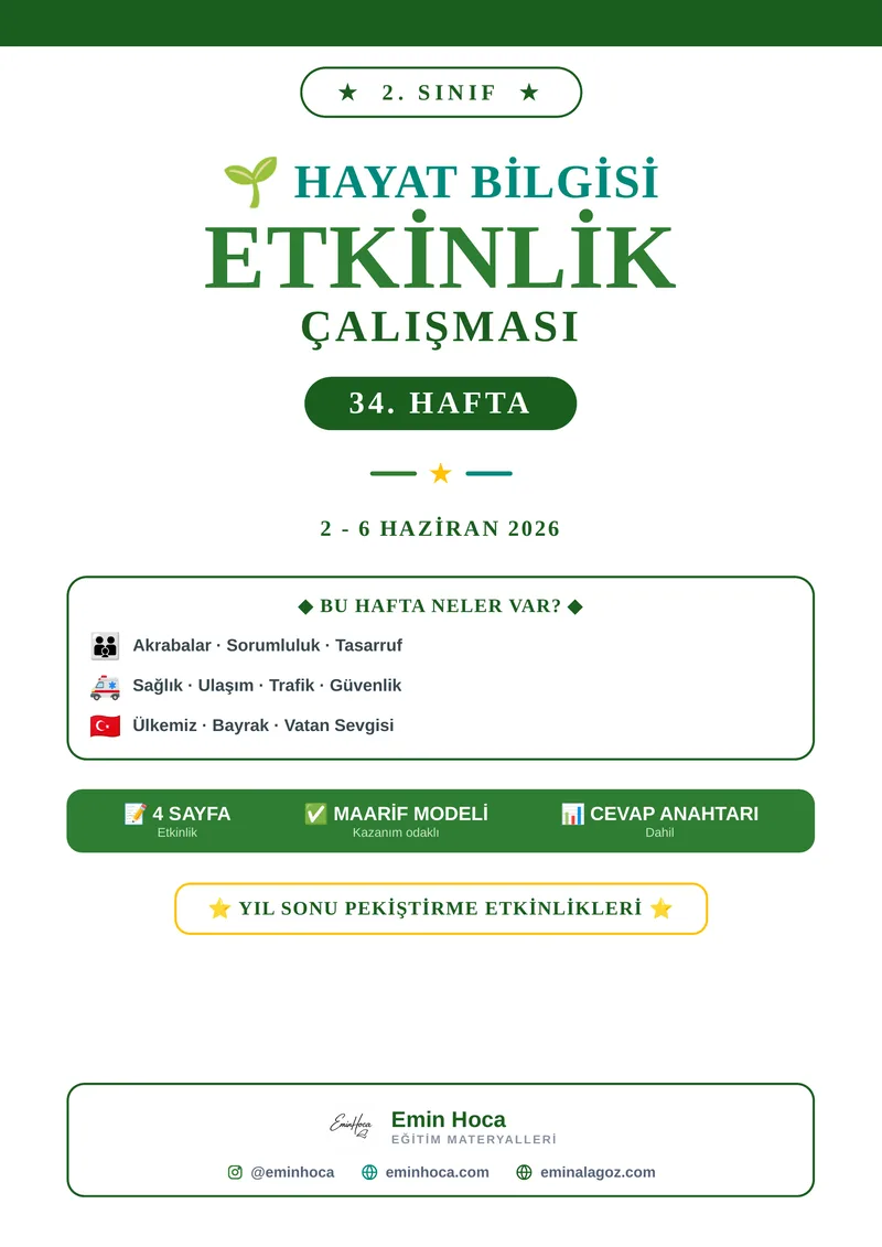 2. Sınıf Hayat Bilgisi 34. Hafta Etkinlikleri | Yıl Sonu Pekiştirme PDF (Maarif Modeli, Cevap Anahtarlı) önizleme