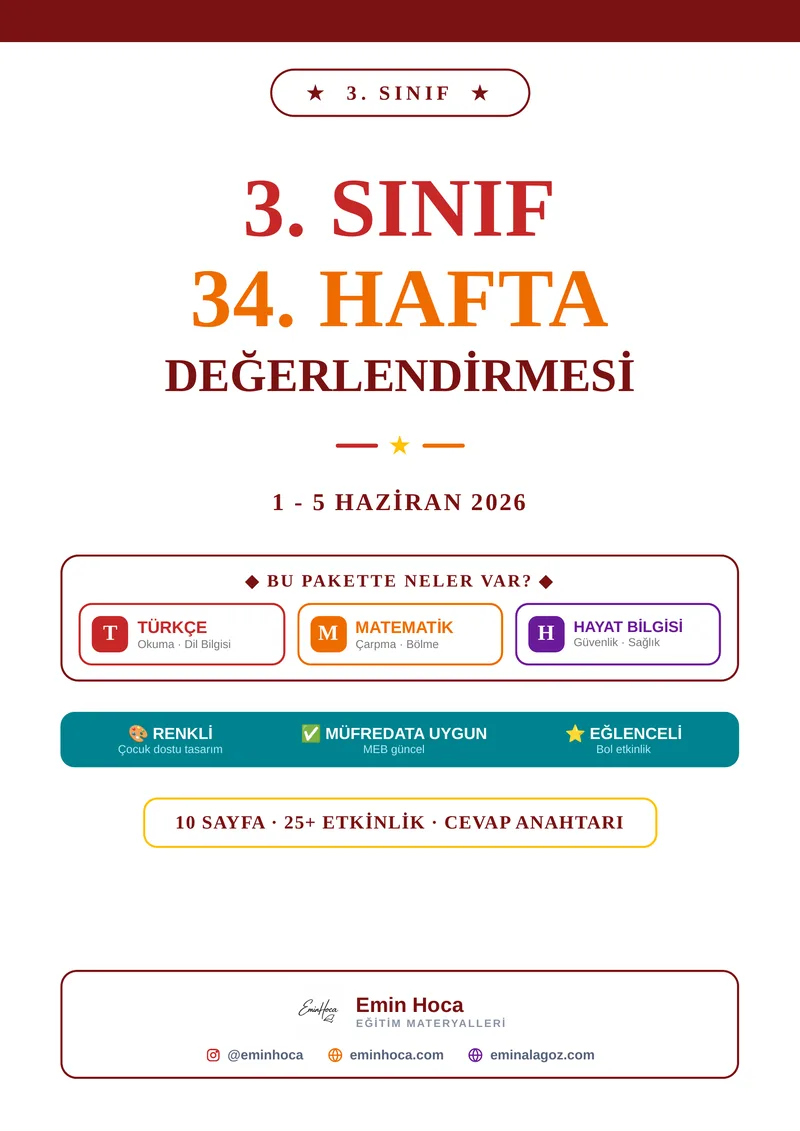 3. Sınıf 34. Hafta Değerlendirmesi PDF İndir | Türkçe Matematik Hayat Bilgisi önizleme
