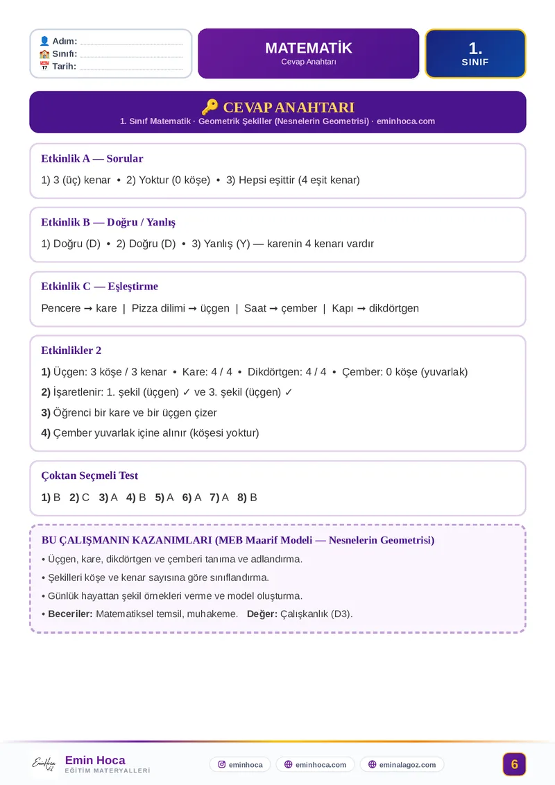 1. Sınıf Matematik Geometrik Şekiller Etkinlik + Test PDF (Maarif Modeli) — Üçgen Kare Dikdörtgen Çember — CEVAP ANAHTARI İndir önizleme