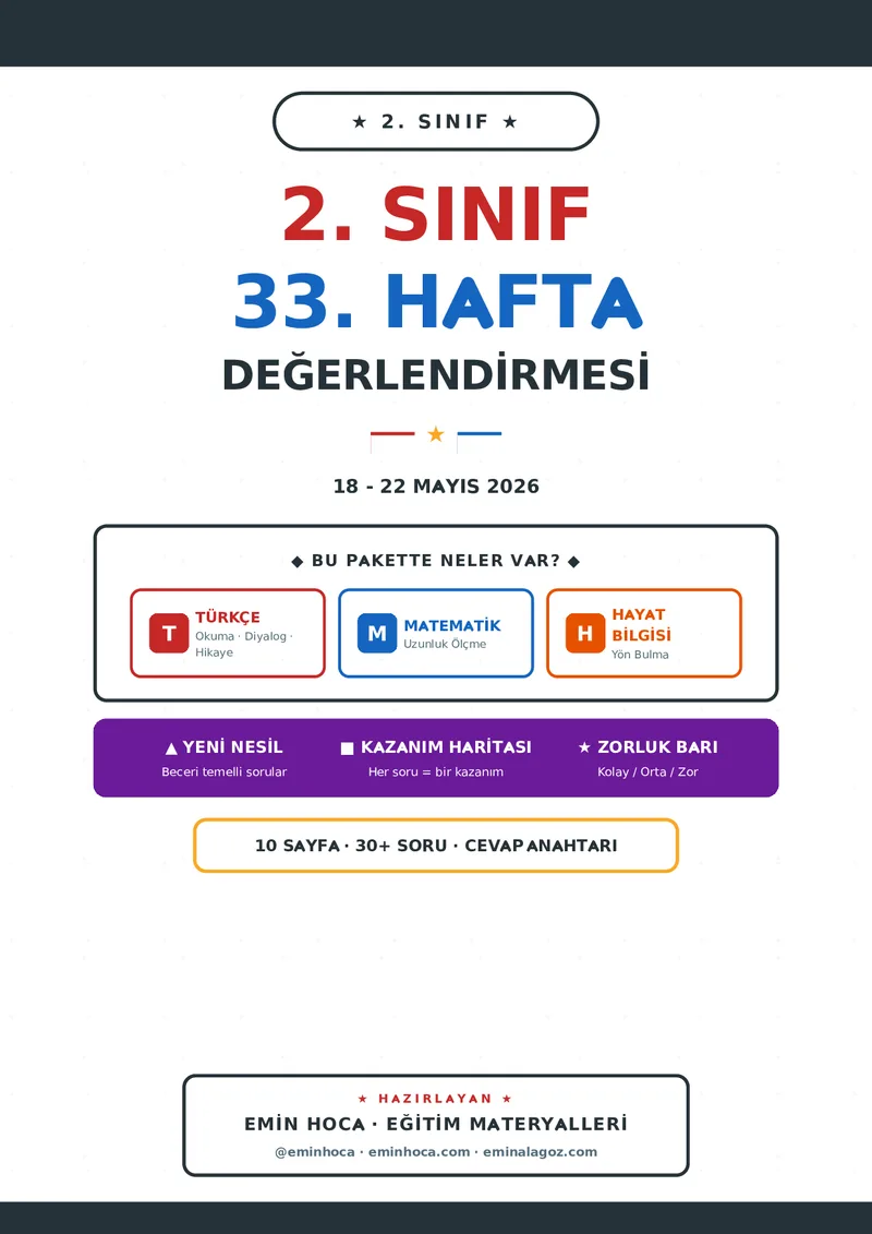 🎯 2. Sınıf 33. Hafta Haftalık Değerlendirme | Türkçe-Matematik-Hayat Bilgisi | Yeni Nesil Sorular + Cevap Anahtarı | 10 Sayfa önizleme