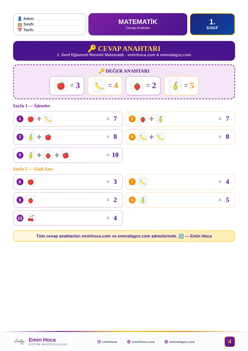 1. Sınıf Resimli Matematik Etkinliği | Toplama Çıkarma Görselli Problemler PDF — CEVAP ANAHTARI İndir önizleme