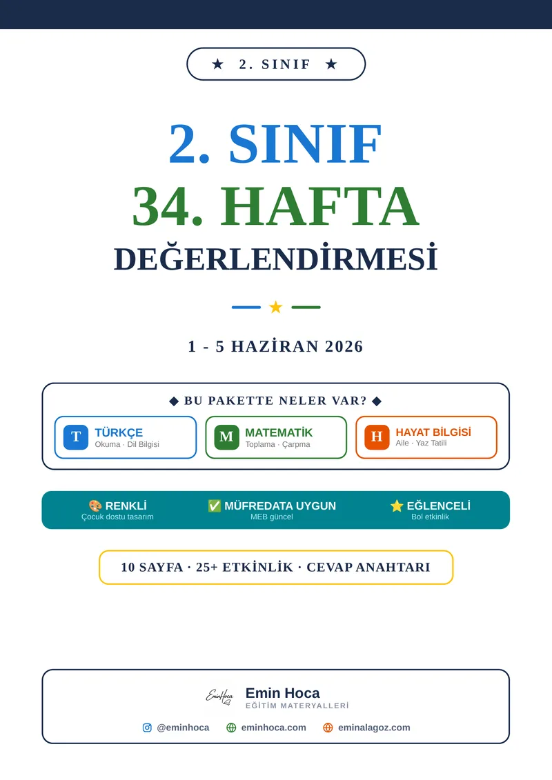 2. Sınıf 34. Hafta Değerlendirmesi PDF İndir | Türkçe Matematik Hayat Bilgisi önizleme