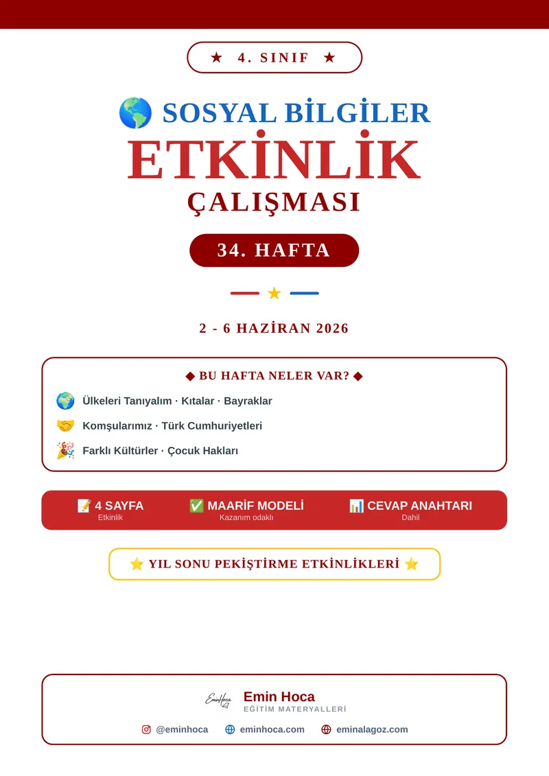 4. Sınıf Sosyal Bilgiler 34. Hafta Etkinlikleri | Küresel Bağlantılar PDF (Maarif Modeli, Cevap Anahtarlı) önizleme