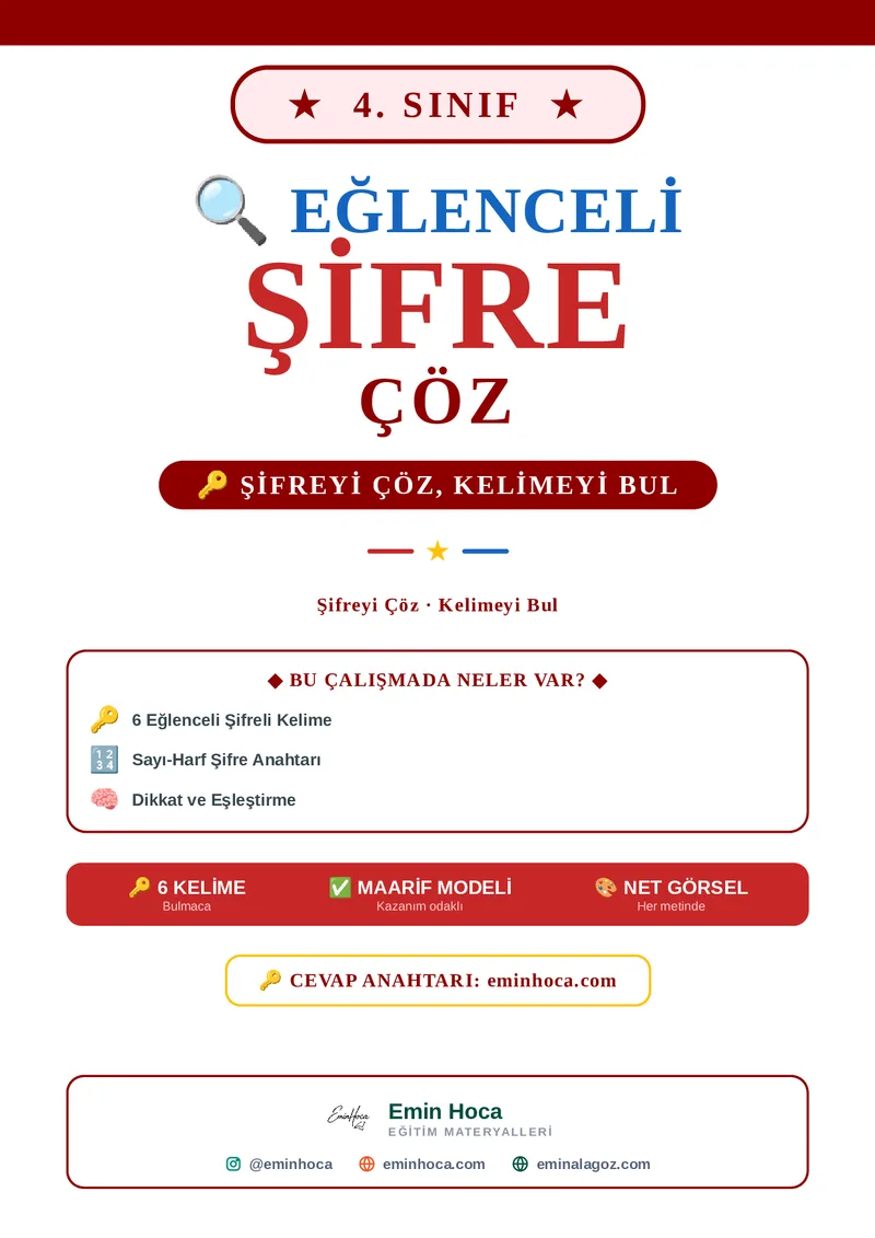 4. Sınıf Şifre Çöz Etkinliği | Tam Alfabe + Ters Şifreli Kelimeler PDF İndir önizleme