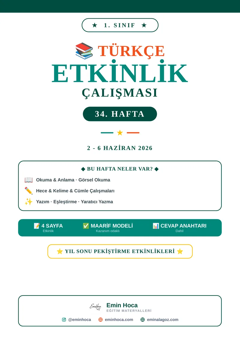 1. Sınıf Türkçe 34. Hafta Etkinlikleri | Yıl Sonu Pekiştirme PDF (Maarif Modeli, Cevap Anahtarlı) önizleme