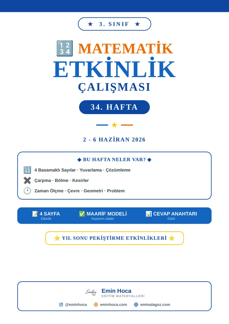 3. Sınıf Matematik 34. Hafta Etkinlikleri | Yıl Sonu Pekiştirme PDF (Maarif Modeli, Cevap Anahtarlı) önizleme