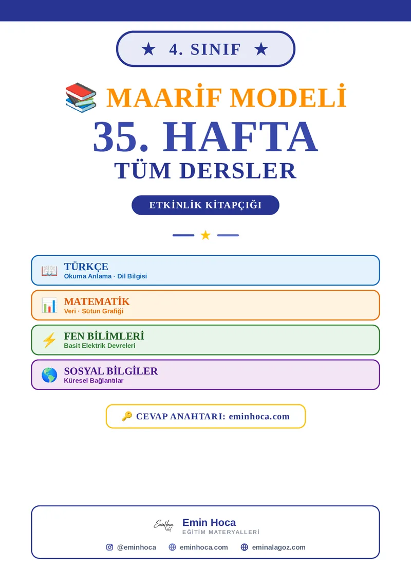 4. Sınıf 35. Hafta Tüm Dersler Etkinlik Kitapçığı PDF — Türkçe + Matematik + Fen Bilimleri + Sosyal Bilgiler (Her Dersten 2 Sayfa) önizleme