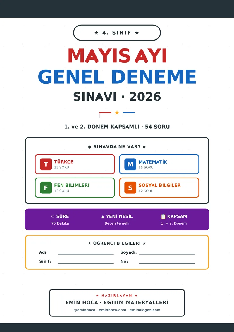 4. Sınıf Mayıs Ayı Genel Deneme Sınavı (Cevap Anahtarlı) — 2026 önizleme