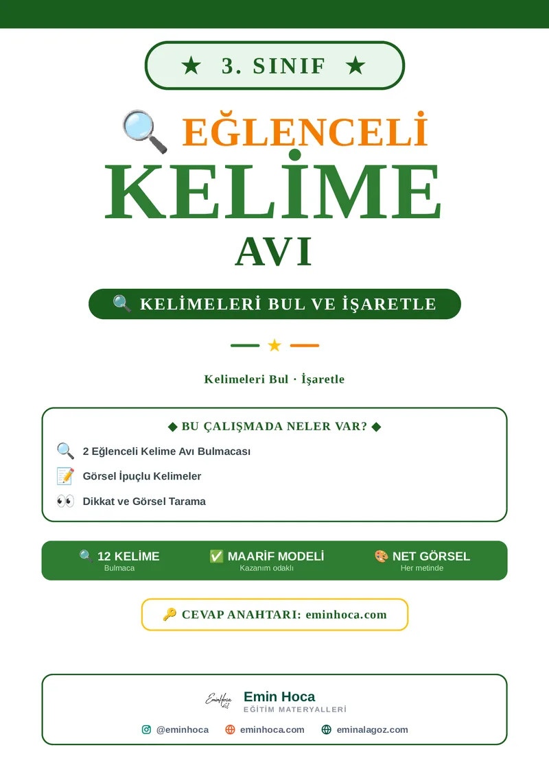 3. Sınıf Kelime Avı Etkinliği | Çapraz Görsel İpuçlu Harf Bulmacası PDF (Maarif Modeli) — Cevap Anahtarı eminhoca.com'da önizleme