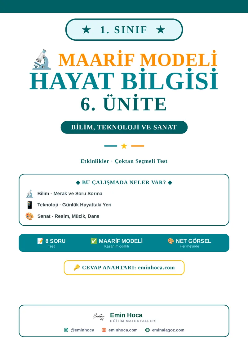 1. Sınıf Hayat Bilgisi 6. Ünite Bilim Teknoloji ve Sanat Etkinlik + Test PDF İndir önizleme