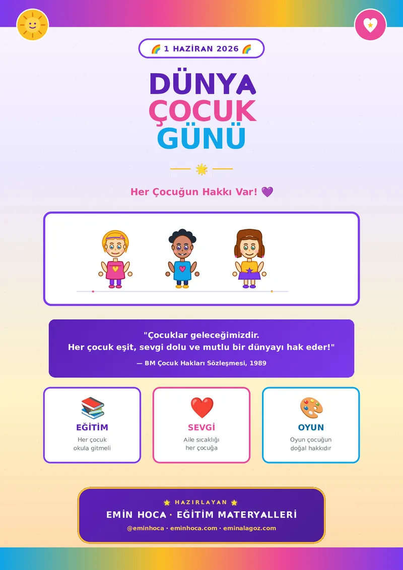 🌈 Dünya Çocuk Günü MEGA Paket: 10 Sayfa, 3D Yapboz Çiçeği + 10 Hak + Sertifika (Ücretsiz İndir) önizleme
