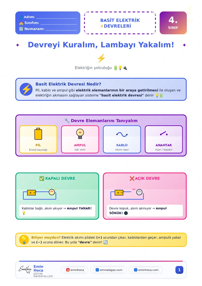 4. SINIF FEN BİLİMLERİ BASİT ELEKTRİK DEVRELERİ KONU ANLATIMI VE ÇALIŞMA KAĞIDI PDF İNDİR önizleme