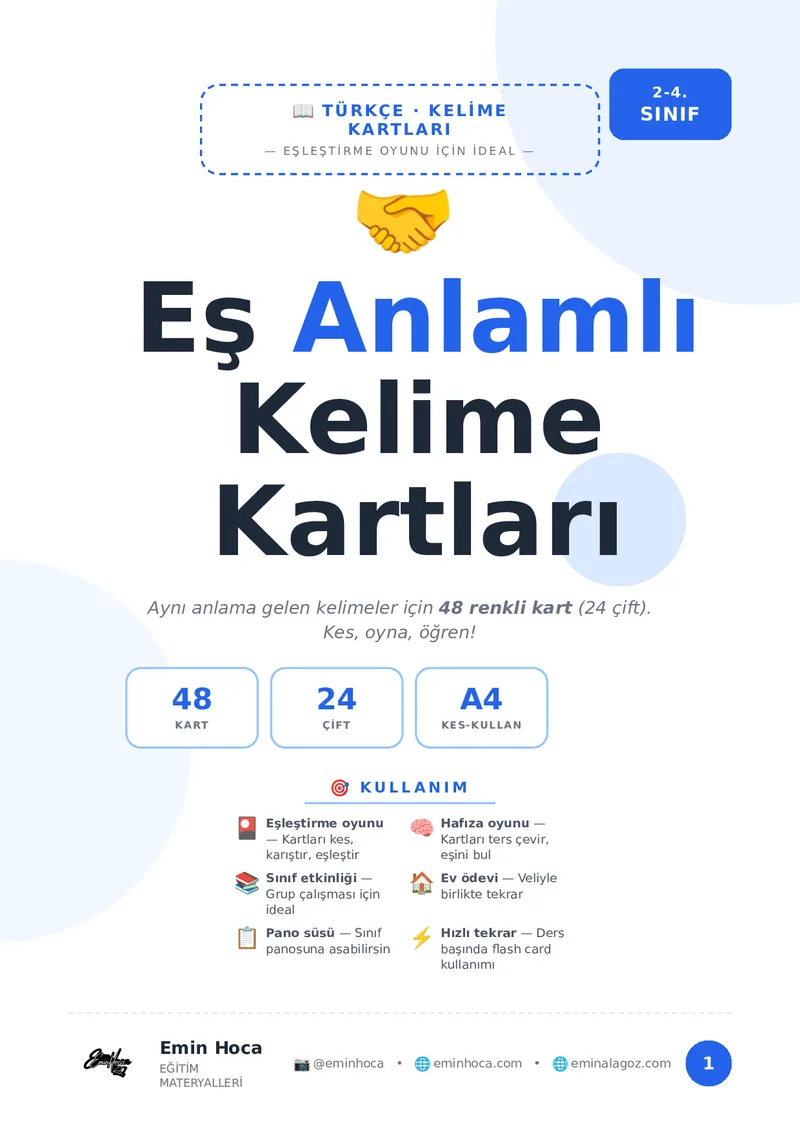 Eş Anlamlı Kelime Kartları — 48 Kart · 24 Çift · Kes-Kullan 🤝 önizleme