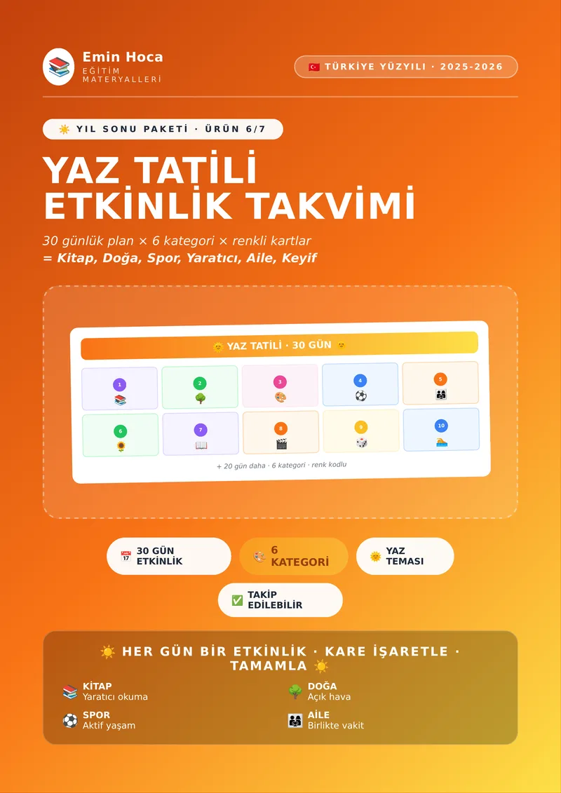 Yaz Tatili Etkinlik Takvimi — 30 Günlük Plan (6 Kategori) önizleme
