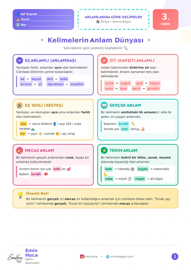 3. SINIF EŞ, ZIT, EŞ SESLİ, GERÇEK, MECAZ VE TERİM ANLAMLI KELİMELER ÇALIŞMA KAĞIDI PDF İNDİR önizleme