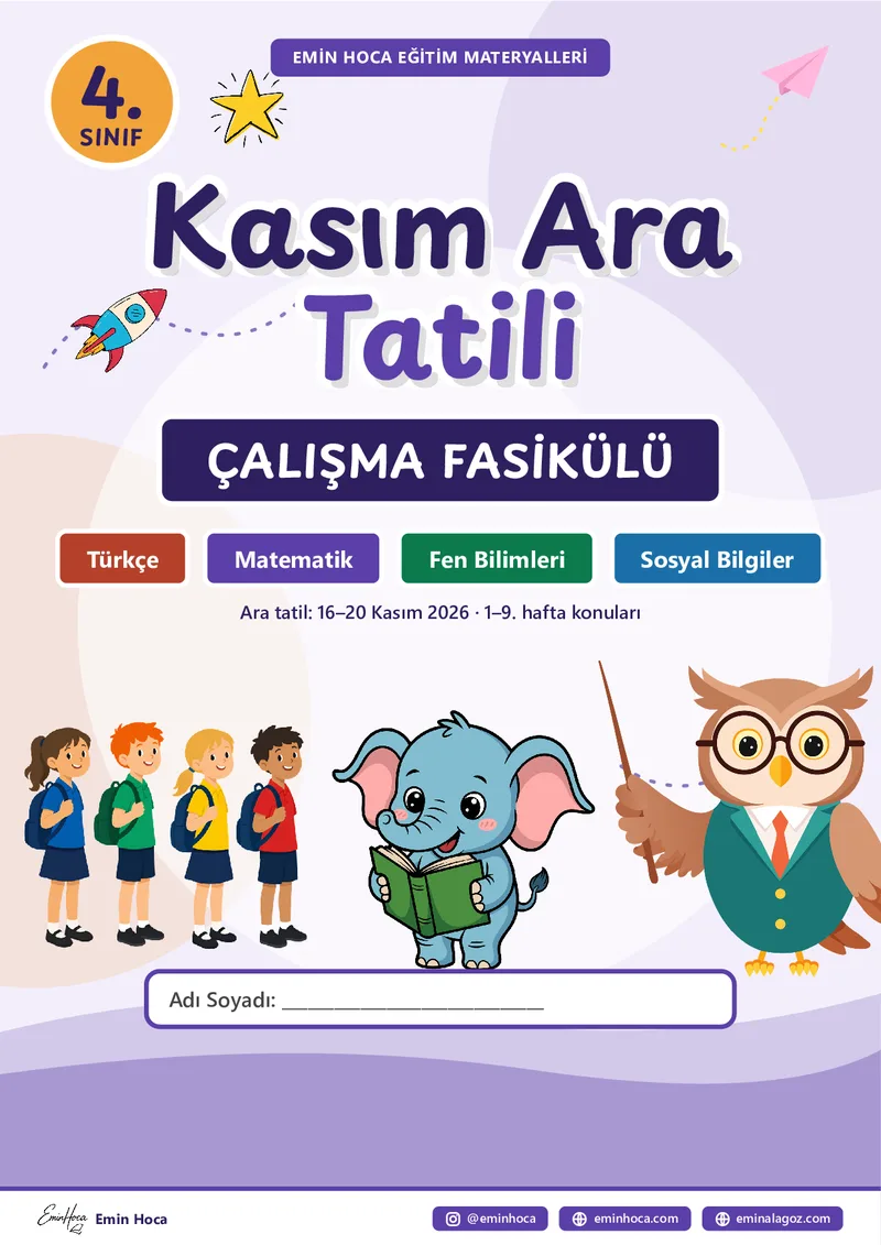 4. Sınıf Kasım Ara Tatili Çalışma Fasikülü PDF — Türkçe + Matematik + Fen Bilimleri + Sosyal Bilgiler Tatil Ödevi ve Tekrar Föyü İndir önizleme