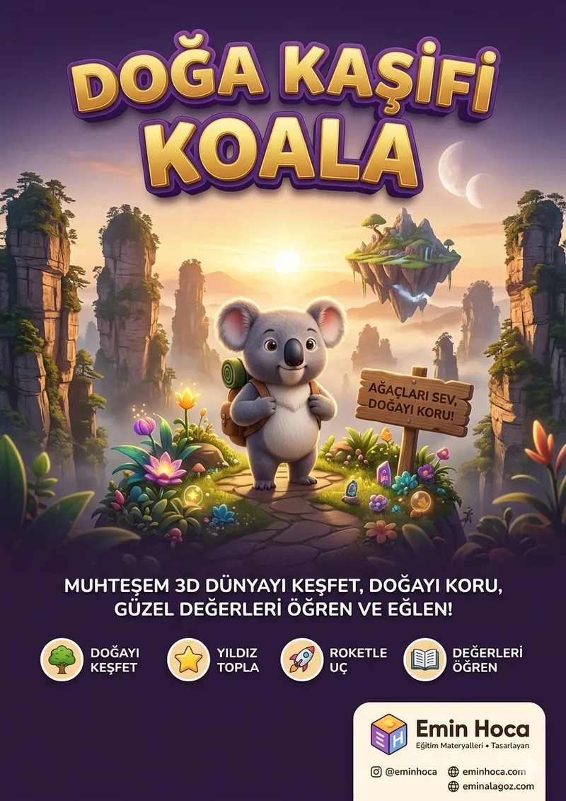 Çocuklar İçin Güvenli 3D Oyun: Doğa Kaşifi Koala(Değerler Eğitimi)