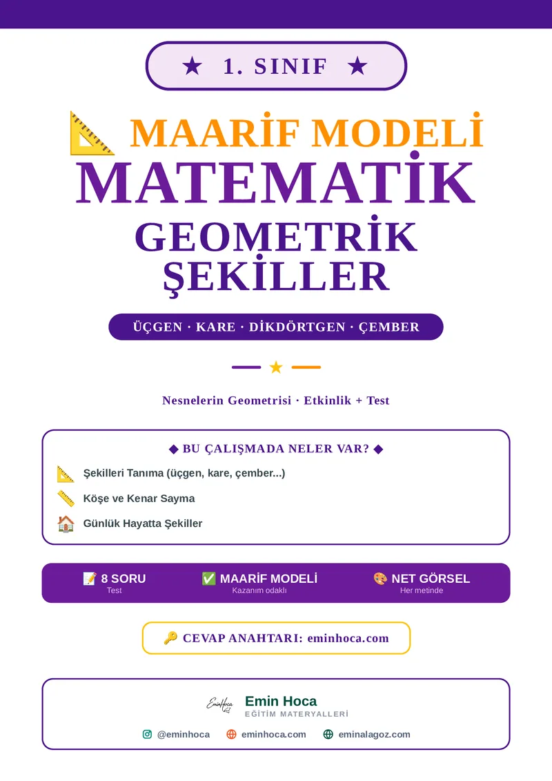 1. Sınıf Matematik Geometrik Şekiller Etkinlik + Test PDF (Maarif Modeli) — Üçgen Kare Dikdörtgen Çember  PDF İndir önizleme