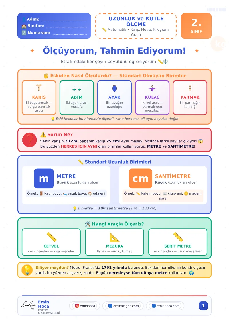 2.SINIF METRE, SANTİMETRE, KİLOGRAM ve GRAM KONU ANLATIMI VE ÇALIŞMA YAPRAĞI PDF İNDİR önizleme